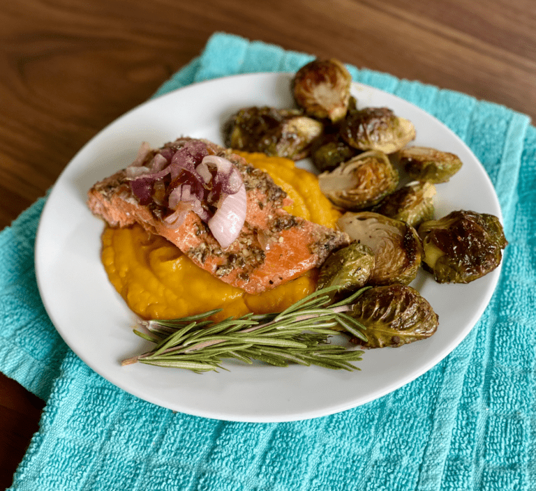 Salmon with Butternut Squash and Brussel Sprouts